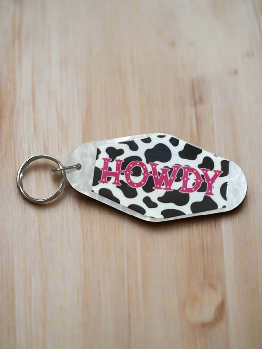 Cow Print "Howdy" Motel Keychain - Retro Western Aesthetic