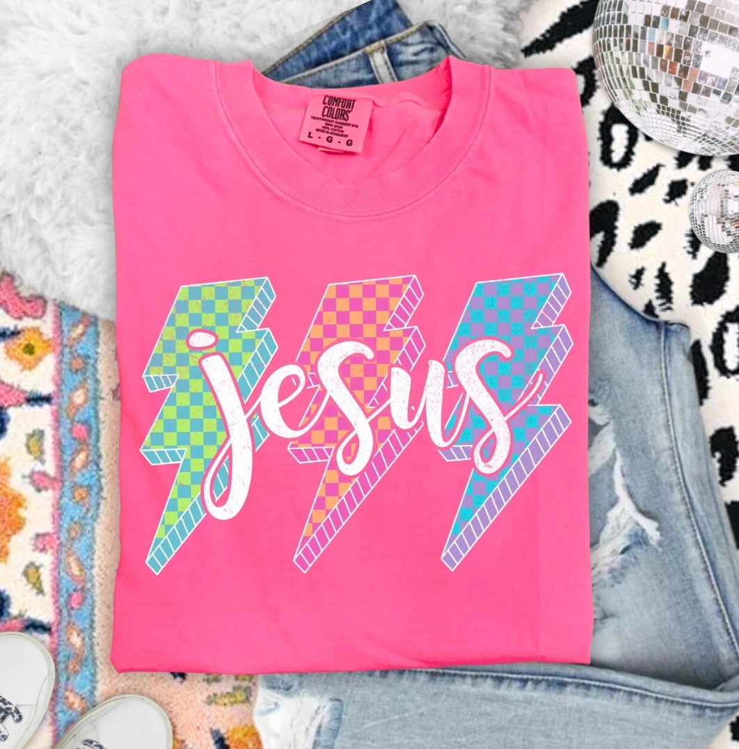 Jesus Comfort Colors Graphic Tee | Retro Christian Lightning Bolt Shirt | Faith Based Checkered Tee