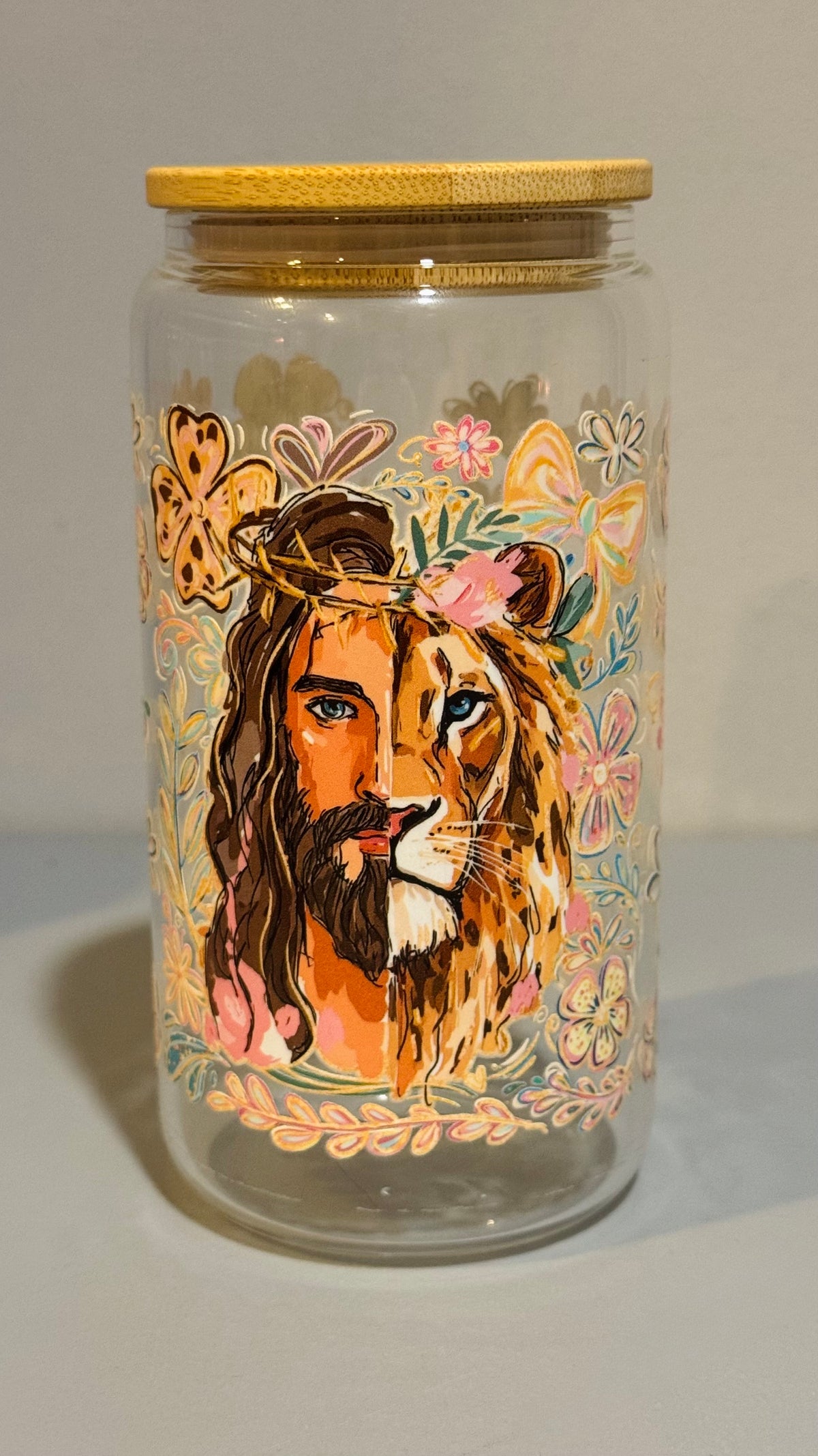 Jesus & Lion Floral – 16oz Glass Tumbler