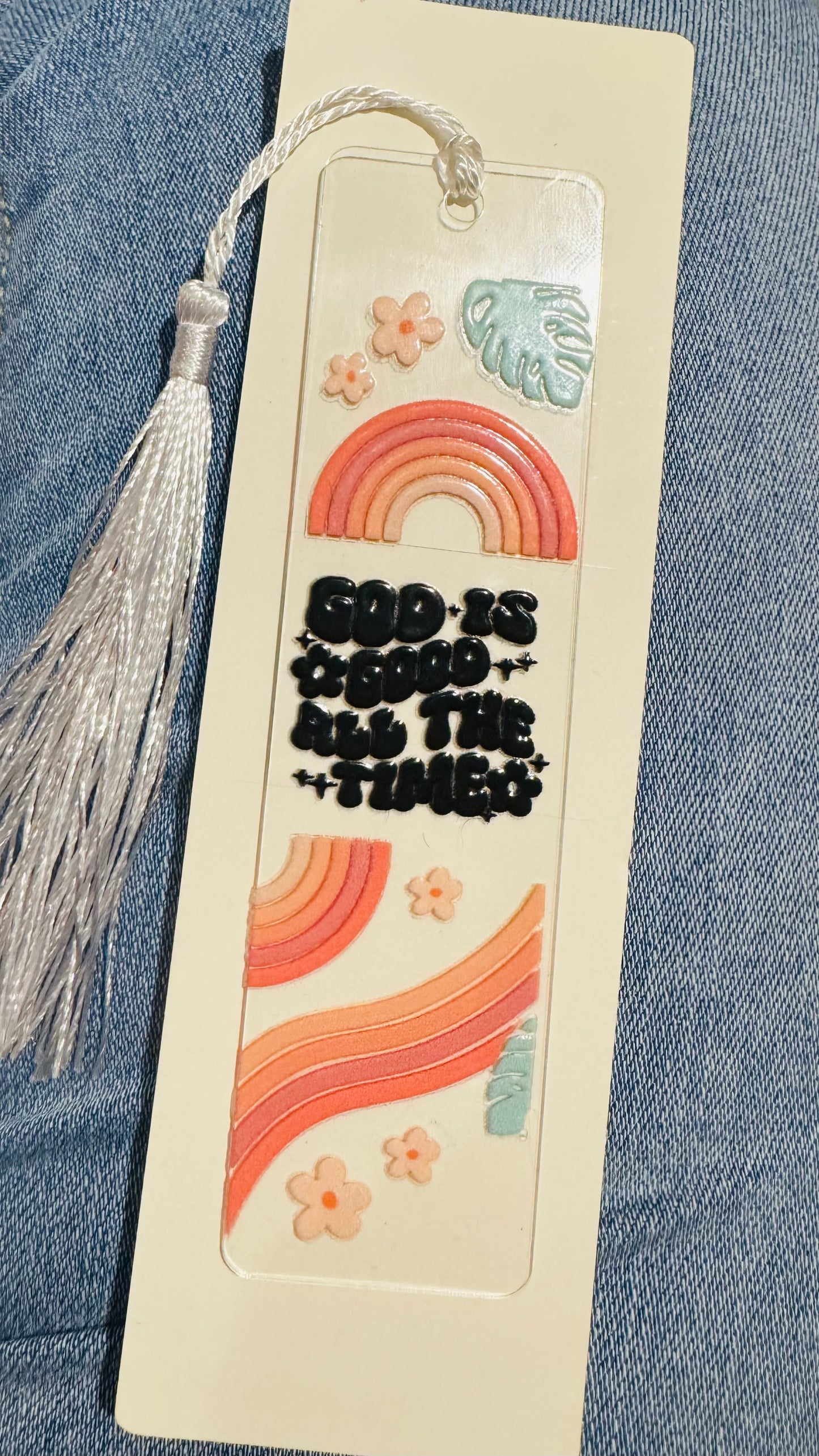 "God Is Good All The Time" Acrylic Bookmark with Boho Rainbow & Tassel
