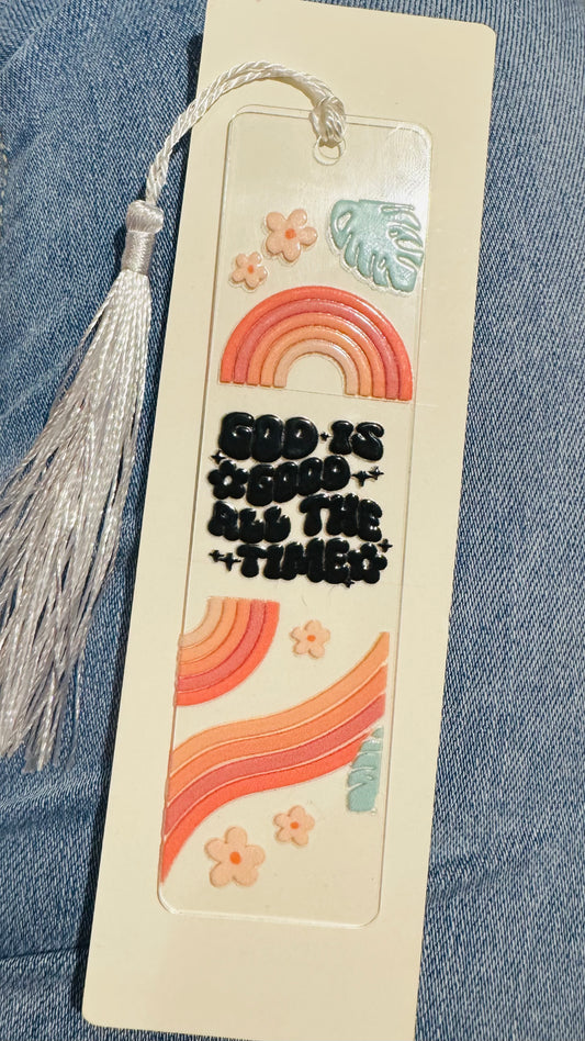 "God Is Good All The Time" Acrylic Bookmark with Boho Rainbow & Tassel