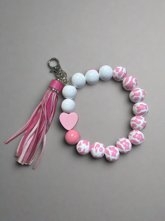 Pink Cow Print Silicone Beaded Keychain Bracelet - Heart Charm Wristlet Key Fob