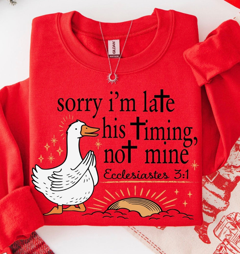 His Timing Not Mine Christian Sweatshirt - Ecclesiastes 3:1 Duck Tee - Funny Faith Shirt - Religious Gift for Women - Gildan Heavy Cotton