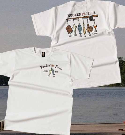 Hooked on Jesus Tee | Men’s Faith & Fishing Graphic Tee | Front & Back Design