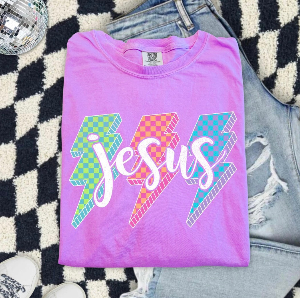 Jesus Comfort Colors Graphic Tee | Retro Christian Lightning Bolt Shirt | Faith Based Checkered Tee