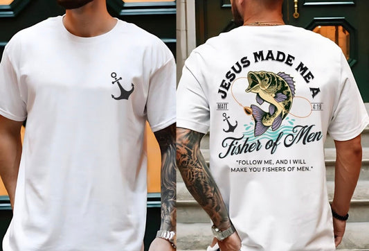 Jesus Made Me a Fisher of Men T-Shirt - Matthew 4:19 Christian Men's Tee - Religious Fishing Shirt - Faith Based Gift for Him - Gildan Heavy Cotton