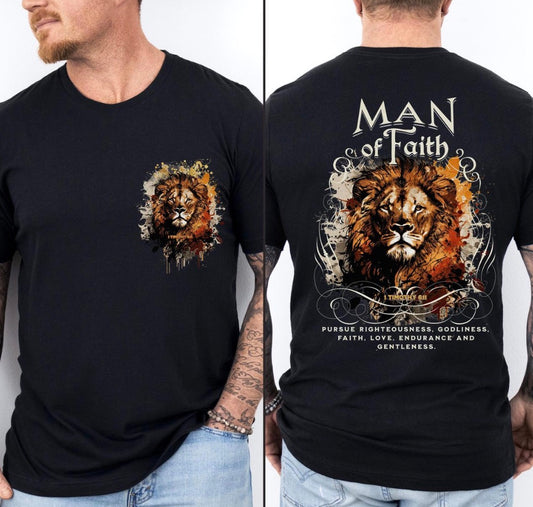 Man of Faith Lion T-Shirt - 1 Timothy 6:11 Christian Men's Tee - Religious Scripture Shirt - Faith Based Gift for Him - Gildan Heavy Cotton