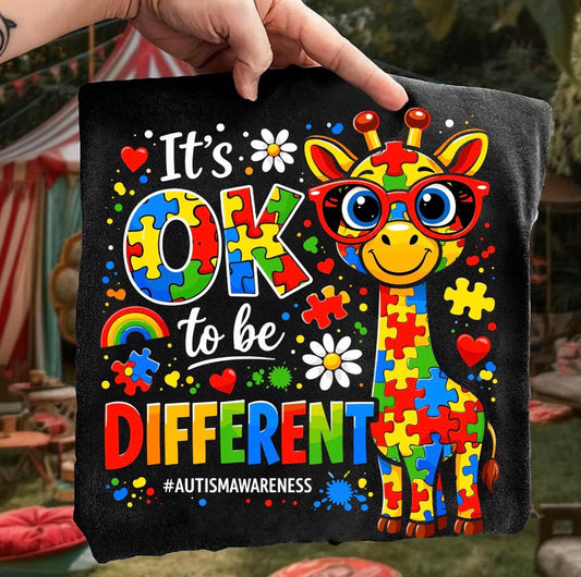 It’s OK to Be Different Shirt – Autism Awareness Giraffe Tee – Kids Autism Shirt – Puzzle Graphic Shirt