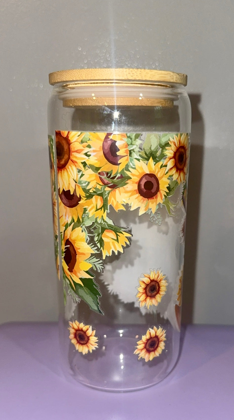 🌻 Highland Cow Sunflower Glass Can Cup | Bamboo Lid