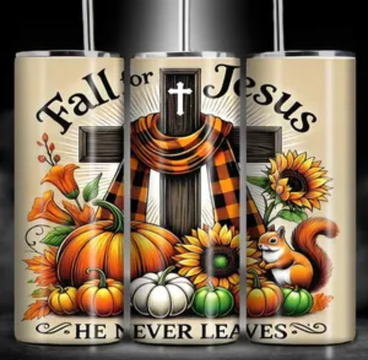 Fall for Jesus Christian Cross Tumbler | 20oz Skinny Insulated | Buffalo Plaid Pumpkin Autumn Faith Gift