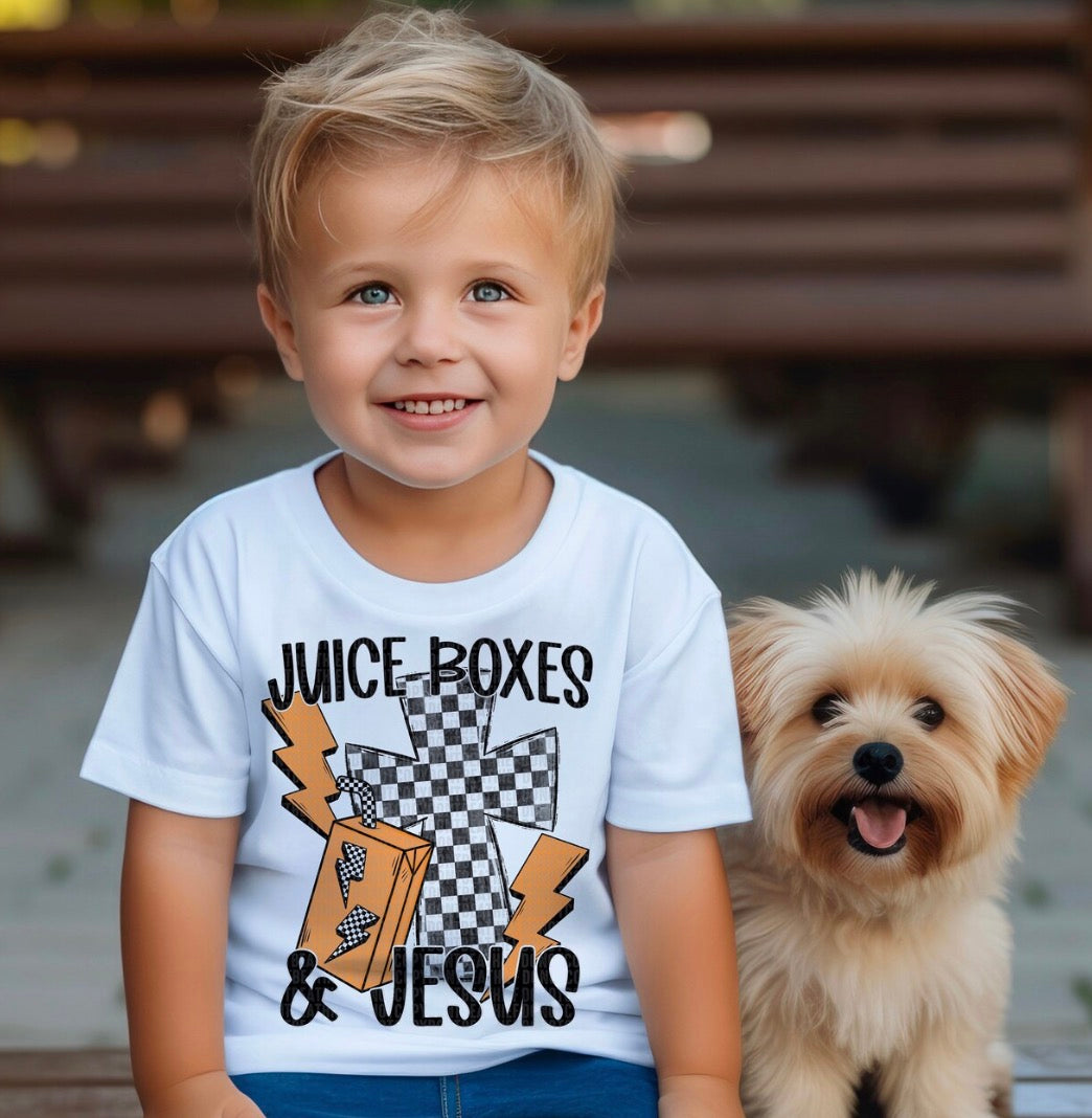 Juice Boxes & Jesus Kids Graphic Tee | Retro Christian Youth Shirt | Faith Based Kids Tee
