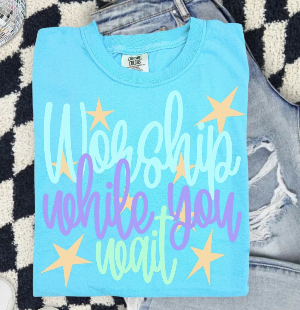 Worship While You Wait | Comfort Colors Graphic Tee | Christian Faith Shirt