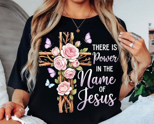 Power in the Name of Jesus Floral Cross Graphic Tee