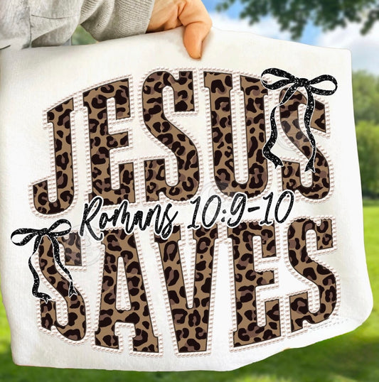 Jesus Saves Christian Leopard Print Tee | Romans 10:9-10