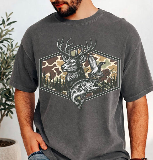 Outdoor Hunting Comfort Colors T-Shirt | Deer Duck Bass Graphic Tee | Pepper Comfort Colors Shirt