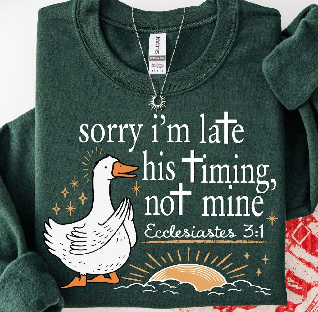 His Timing Not Mine Christian Sweatshirt - Ecclesiastes 3:1 Duck Tee - Funny Faith Shirt - Religious Gift for Women - Gildan Heavy Cotton