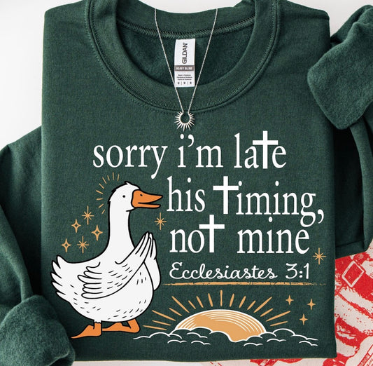 His Timing Not Mine Christian Sweatshirt - Ecclesiastes 3:1 Duck Tee - Funny Faith Shirt - Religious Gift for Women - Gildan Heavy Cotton