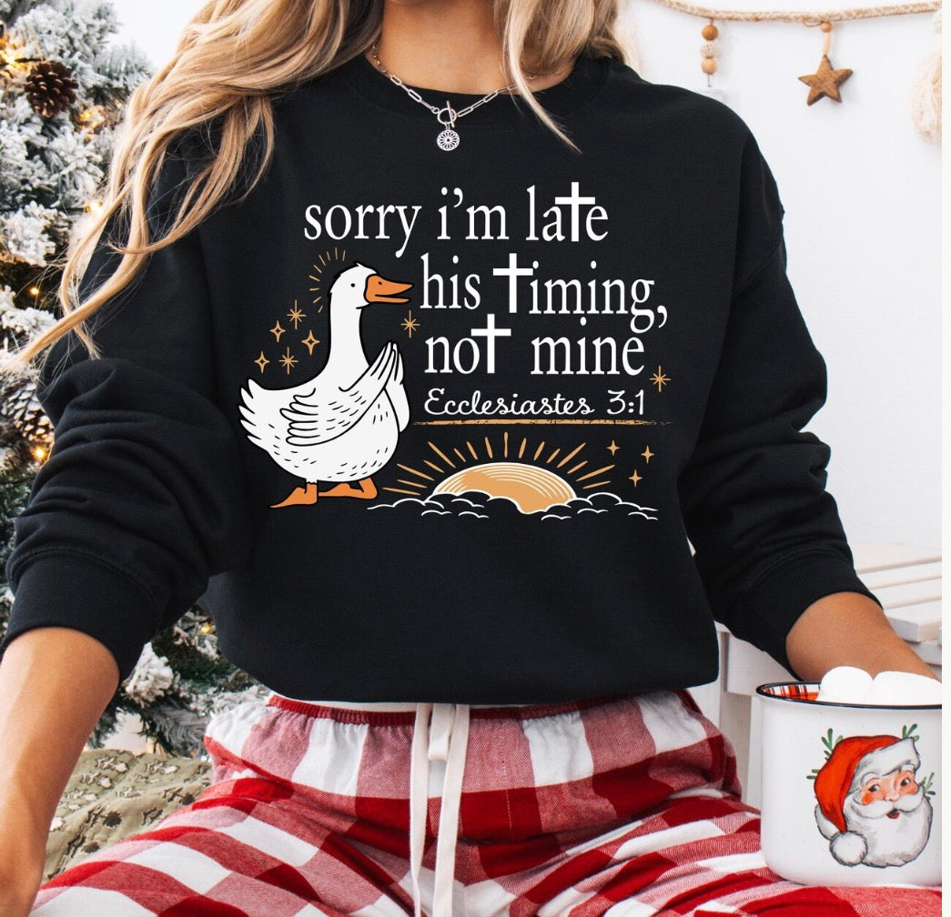 His Timing Not Mine Christian Sweatshirt - Ecclesiastes 3:1 Duck Tee - Funny Faith Shirt - Religious Gift for Women - Gildan Heavy Cotton