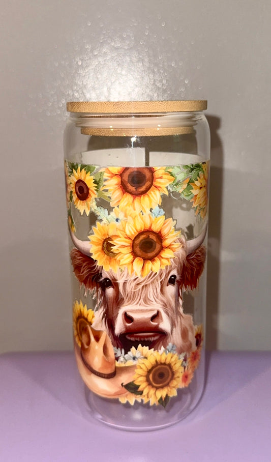 🌻 Highland Cow Sunflower Glass Can Cup | Bamboo Lid