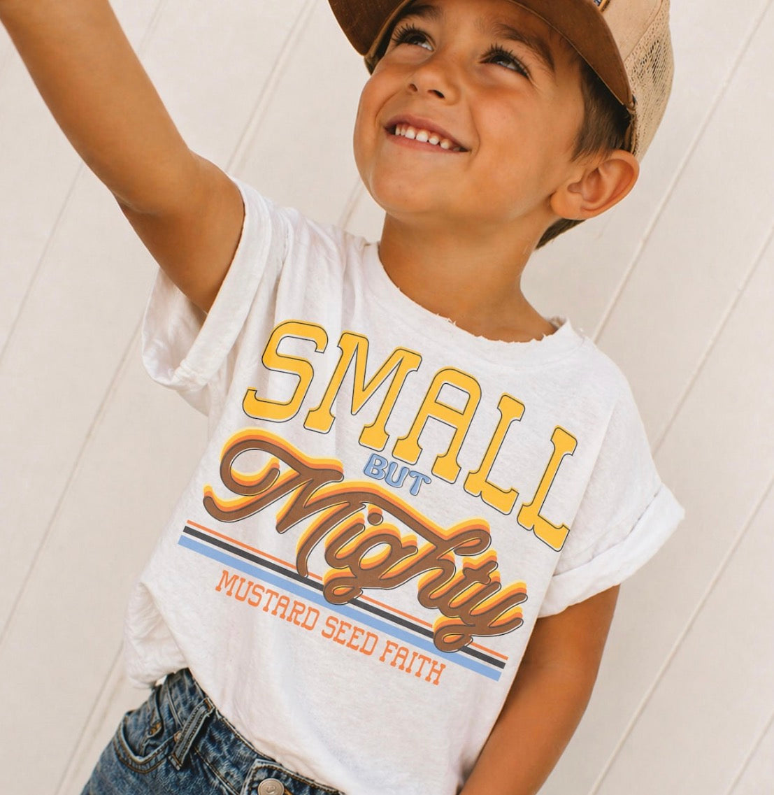 Small But Mighty Youth Graphic Tee | Mustard Seed Faith Kids Shirt | Retro Faith Based Tee