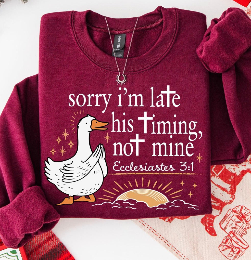 His Timing Not Mine Christian Sweatshirt - Ecclesiastes 3:1 Duck Tee - Funny Faith Shirt - Religious Gift for Women - Gildan Heavy Cotton