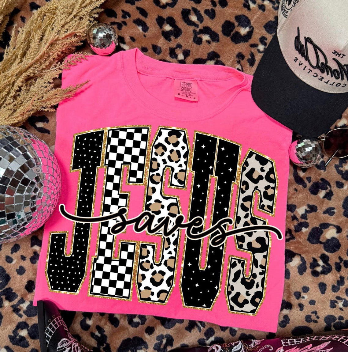 Jesus Saves Comfort Colors Graphic Tee | Faith Based Shirt | Christian Leopard Checkered Tee