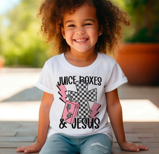 Juice Boxes & Jesus Kids Graphic Tee | Retro Christian Youth Shirt | Faith Based Kids Tee