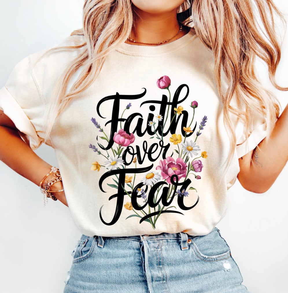 Faith Over Fear Christian T-Shirt - Floral Scripture Tee - Inspirational Religious Gift for Women - Boho Faith Shirt - Gildan Heavy Cotton
