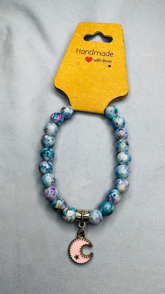 Marble Bead Bracelet with Pink Moon Charm