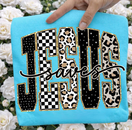 Jesus Saves Comfort Colors Graphic Tee | Faith Based Shirt | Christian Leopard Checkered Tee