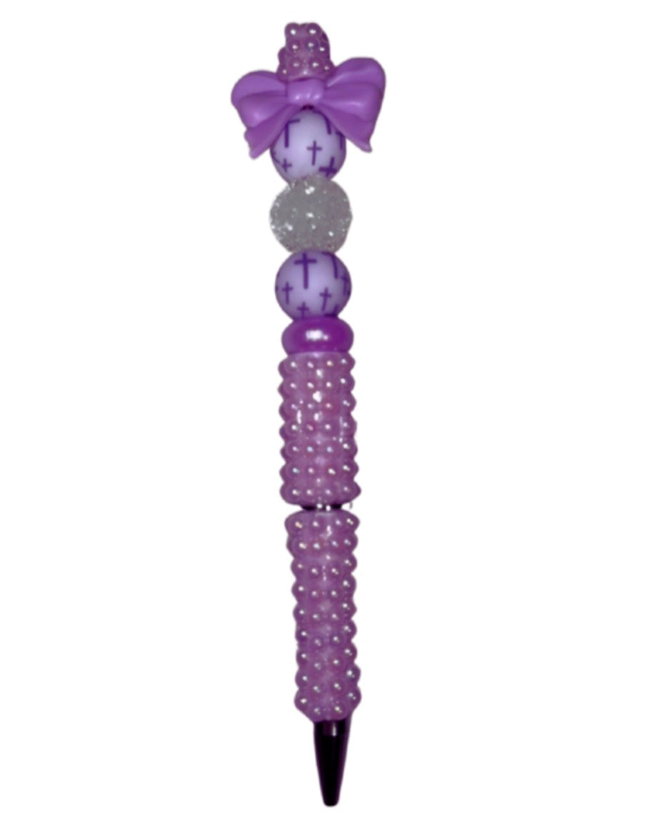 Purple Cross Beaded Ink Pen with Bow