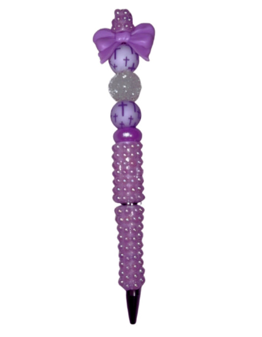 Purple Cross Beaded Ink Pen with Bow