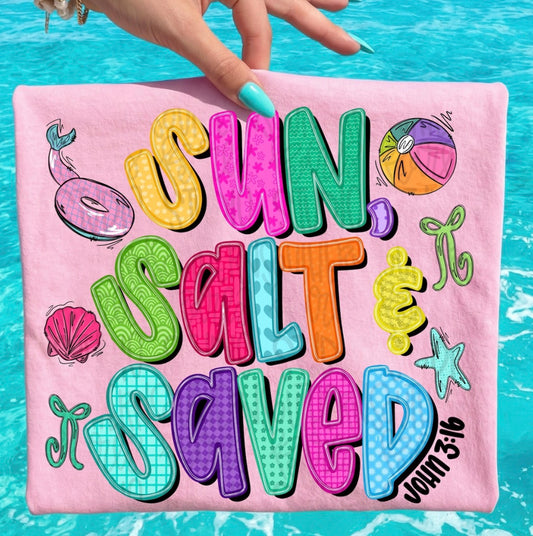 Sun, Salt & Saved | Christian Summer T-Shirt | John 3:16 Faith Tee