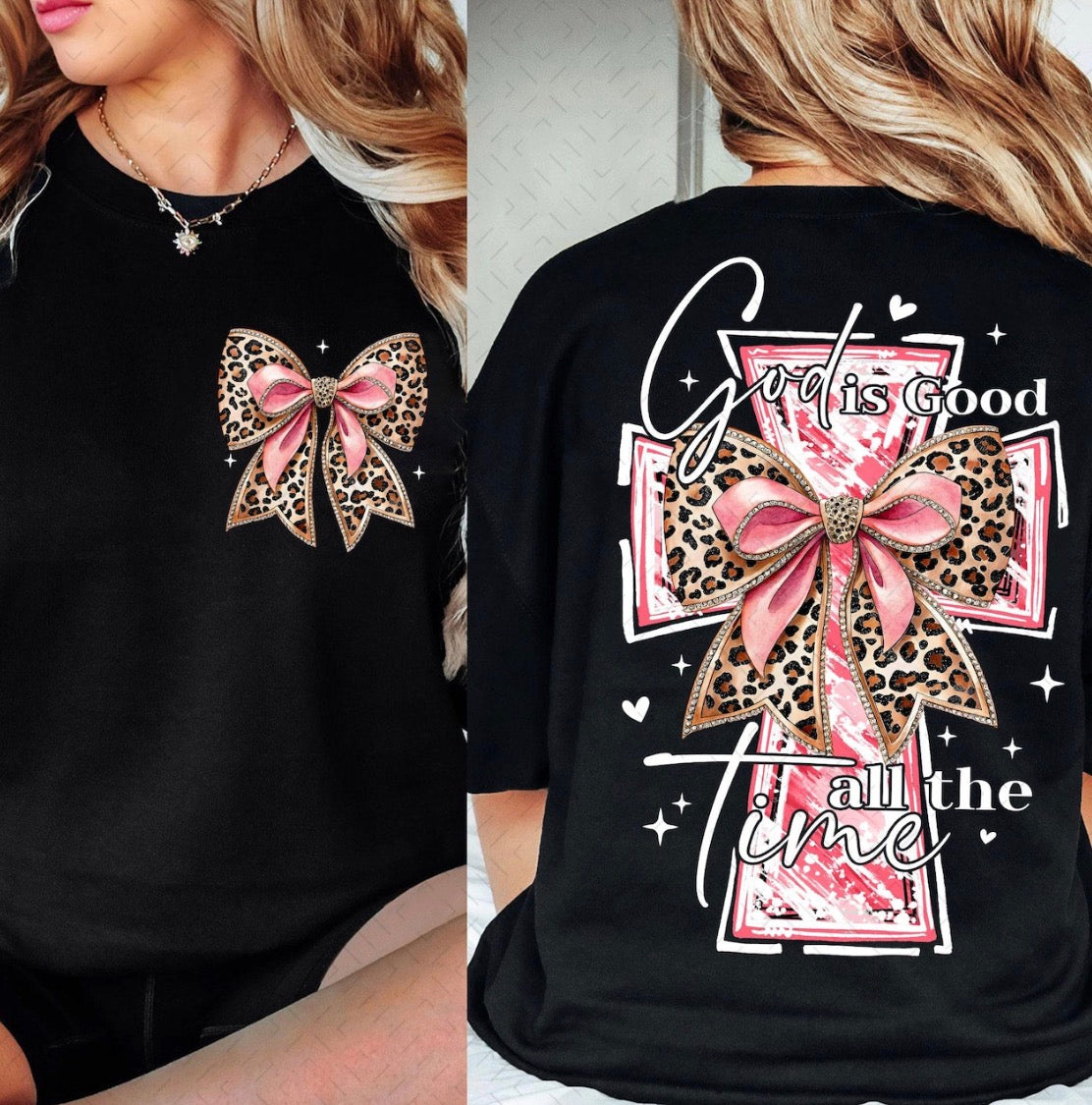 Christian God is good all the time shirt with cross and leopard bow faith based graphic tee