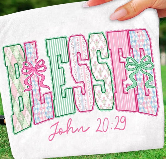 Blessed Shirt with Bows – Christian Graphic Tee, John 20:29 Faith Shirt, Girly Boutique Christian Apparel in Multiple Styles