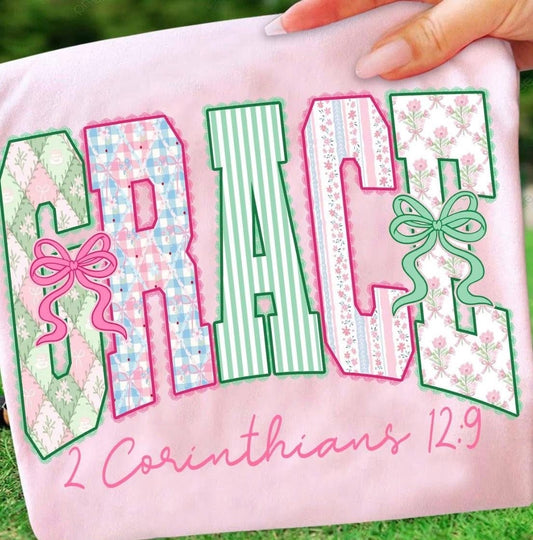 Grace Shirt with Bows – Christian Graphic Tee, 2 Corinthians 12:9 Faith Shirt, Girly Boutique Christian Apparel in Multiple Styles