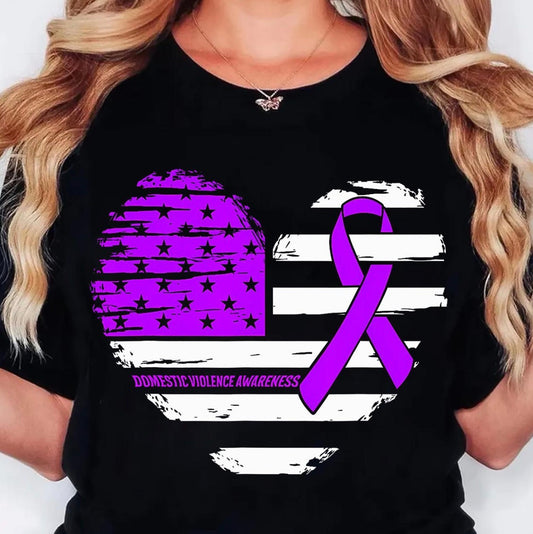 Purple domestic violence awareness ribbon shirt with American flag heart design supporting survivors and DV awareness month