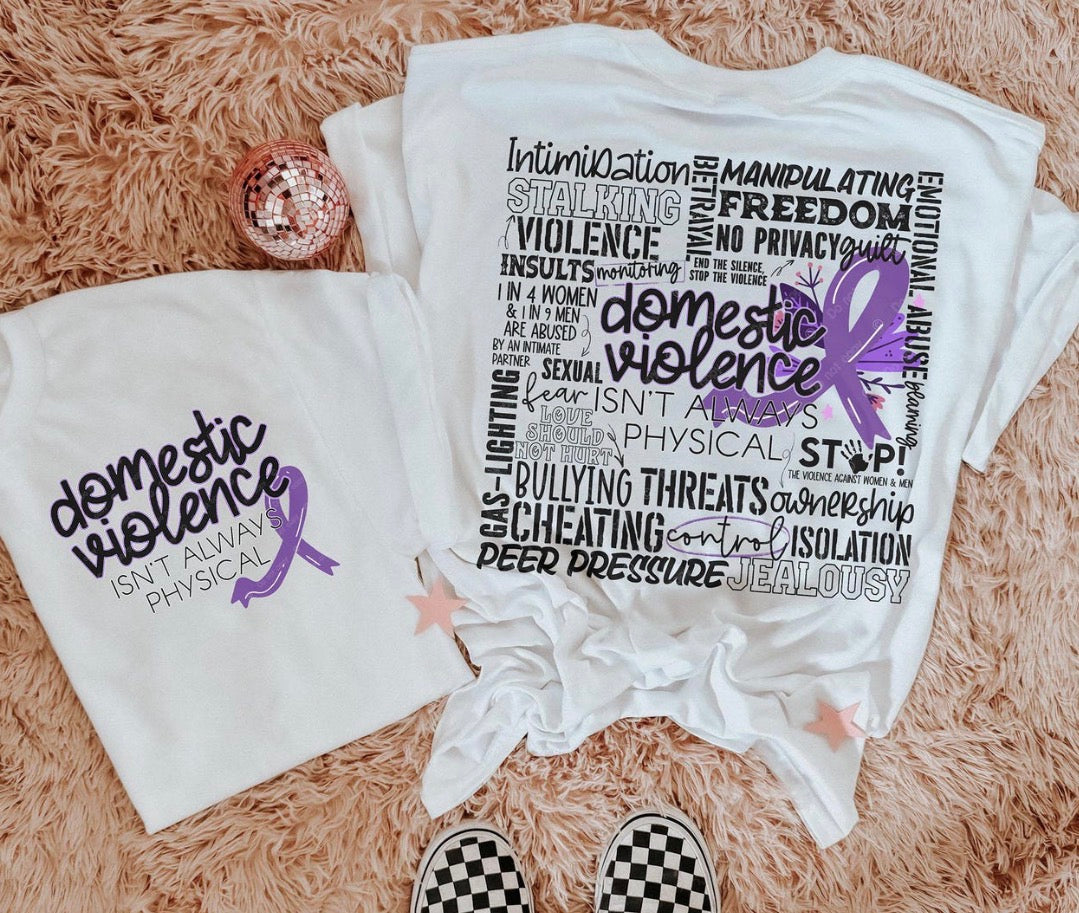 Domestic violence isn’t always physical awareness shirt with purple ribbon and educational word collage design
