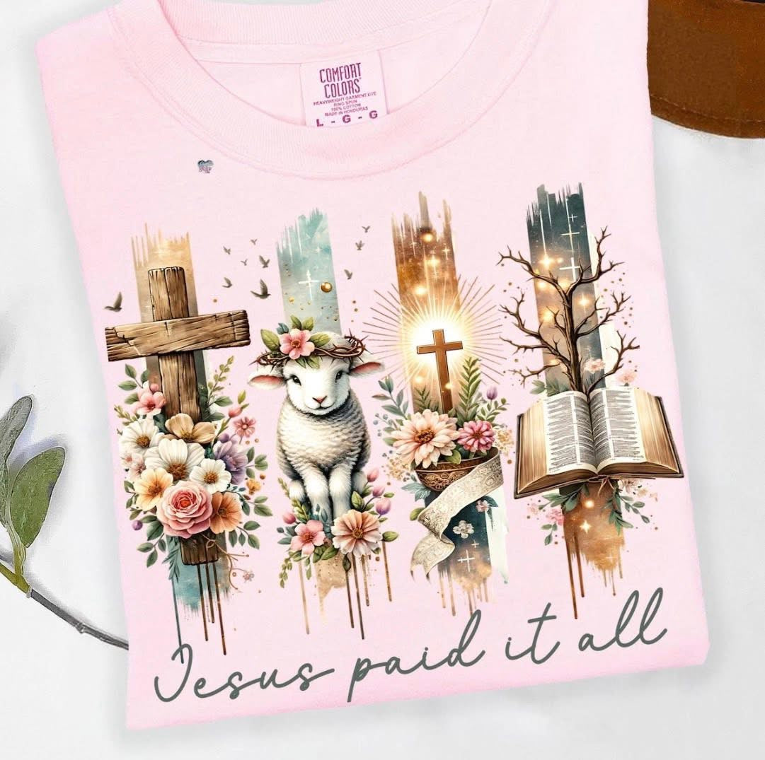 Jesus Paid It All Christian shirt with cross lamb and Bible faith graphic