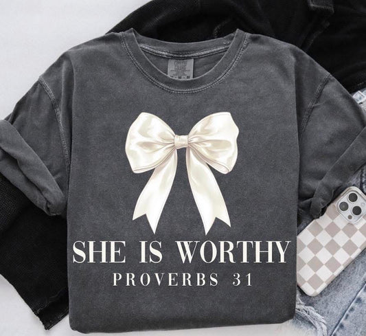 Proverbs 31 She Is Worthy Christian bow shirt printed on Comfort Colors t-shirt for women faith based apparel
